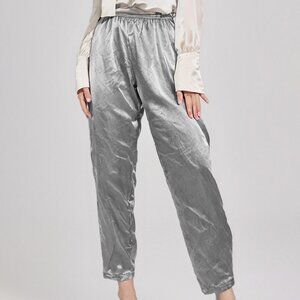 Vintage Satin Lounge Pajama Pants Silver Grey Silky Embroidered Floral Casual XL
